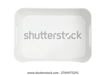 Empty rectangular white serving tray isolated on white background. Plastic container with handle for kitchen organization and food presentation. Household accessory for home decoration.