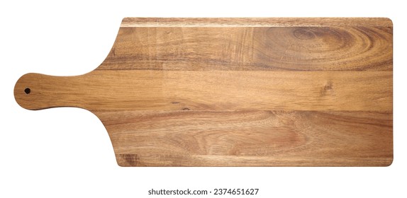 Empty rectangular wooden kitchen cutting board with handle on white isolated background