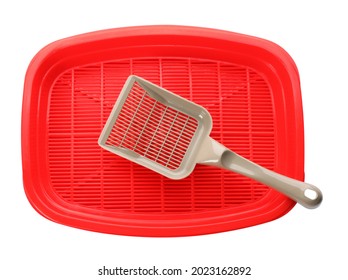 Empty Red Cat Litter Tray With Scoop Isolated On White, Top View