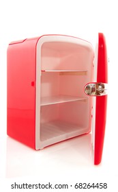 Empty Red Open Refrigerator Isolated Over White Background