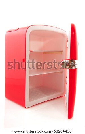 empty red open refrigerator isolated over white background