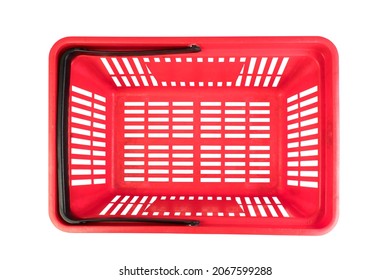 Empty Red Plastic Shopping Basket Isolated On White Background. Top View.