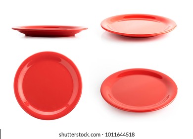 Empty Red Plate Isolated On A White Background