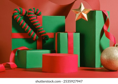 The empty red platform is surrounded by green rectangles tied with red ribbons, decorated with Christmas balls, wool candy canes, and red paper strips. Sample image displaying Christmas products.