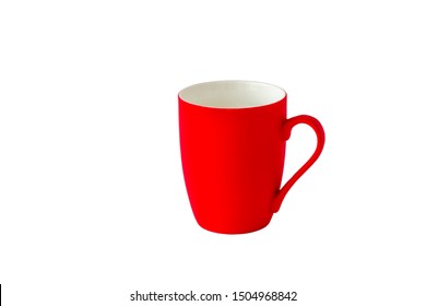 Empty Red Porcelain Mug With Handle Isolated On White Background