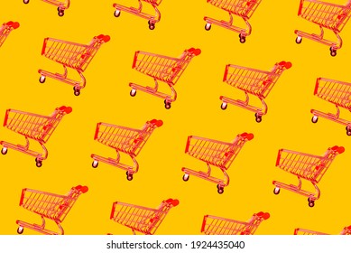 Empty Red Shopping Basket In A Store On A Yellow Background. Minimal Style, Pattern. Sale, Discounts, Shopaholism Concept