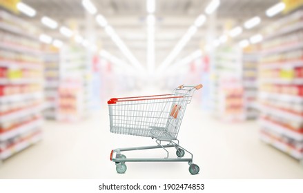 Empty Red Shopping Cart In Supermarket