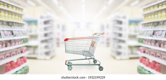 empty red shopping cart in supermarket