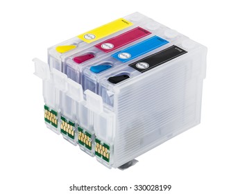 Empty refillable cartridges for colour inkjet printer isolated on white background