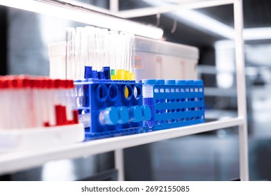 Empty research lab with specimen samples in jars and other research tools, precision and preparation for experiments. Laboratory setup emphasizes healthcare discovery and molecular analysis.