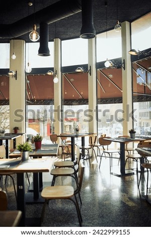 Empty restaurant cafe, diner or coffee shop for retail services, hospitality industry or sales service. Interior design decor, bistro store and trendy small business with furniture, chair and table