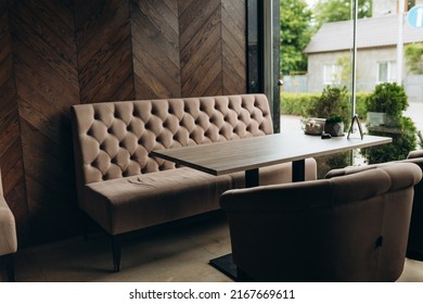 Empty Restaurant Interior, No People Soft Sofas With Pillows, Copy Space