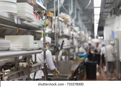 Empty Restaurant Kitchen Is Blurred For Background