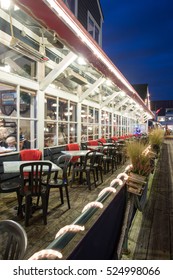 Empty Restaurant Outdoor Patio At Night.