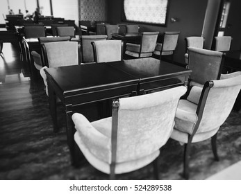 Empty restaurant table in black and white
