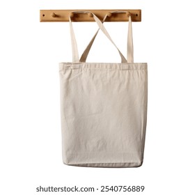 Empty reusable shopping bag hanging from wooden pegs, promoting sustainability and eco-friendly practices - Powered by Shutterstock