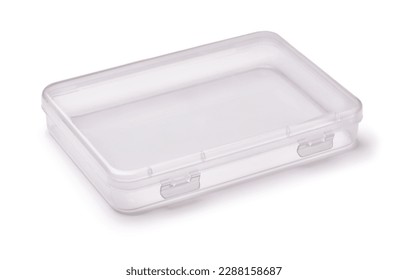Empty reusable transparent plastic box with hinged lid isolated on white - Shutterstock ID 2288158687