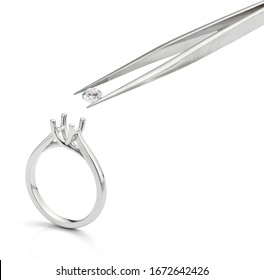Empty Ring Mount Diamond Ring Setting with Loose Diamond in Tweezers Isolated on White Background  - Shutterstock ID 1672642426