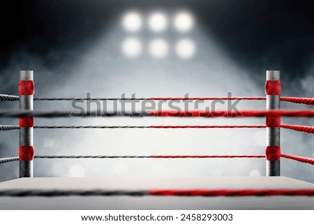 An empty ring with no people in the gym. Place for boxing, wrestling, presentation of match, competition