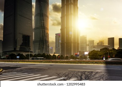 the empty road  with buildings