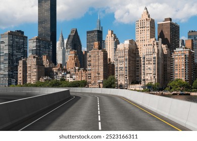 An empty road curves towards the iconic Manhattan skyline with its tall skyscrapers under a partly cloudy sky. Urban landscape concept - Powered by Shutterstock