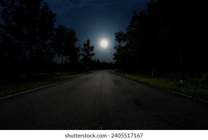 Empty road in forest at night with full moon - Powered by Shutterstock