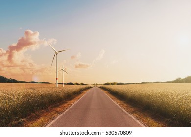 Empty Road,  Landscape, Sunset Sky And Wind Turbines