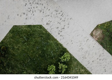 Empty Road In The Park. Sidewalk View From Above. Aerial View