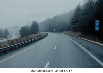 Empty road shrouded in fog with leafless trees lining the sides, evoking a quiet, mysterious atmosphere. - Powered by Shutterstock