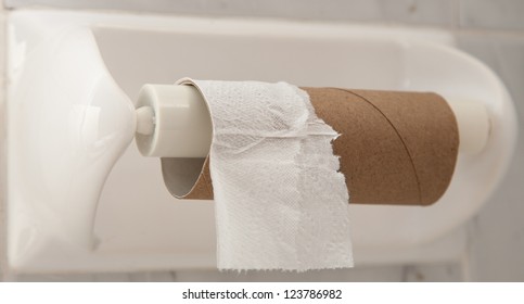 Empty Roll Of Toilet Paper Mounted On A Tiled Wall