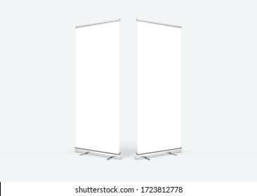 Empty Rollup Banners Stand. Blank Template Mockups. Exhibition Stand Roll-up Banners, Screen For You Design. Vertical White Roll Up For Preview.