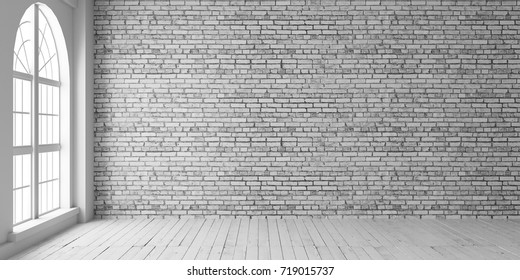 Empty Room With Arched Window And Shiplap Flooring. Brick Wall In Loft Interior Mockup. Studio Or Office Blank Space.