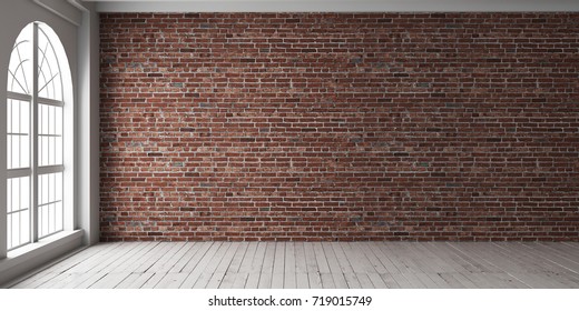 Empty room with arched window and shiplap flooring. Brick wall in loft interior mockup. Studio or office blank space. - Shutterstock ID 719015749