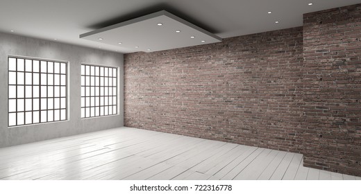 Empty room with big window in loft style.
Wooden floor and brick wall in a modern interior. 3D render. - Shutterstock ID 722316778