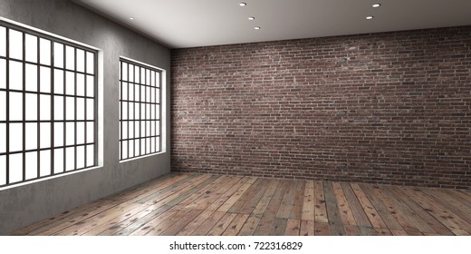 Empty room with big window in loft style.
Wooden floor and brick wall in a modern interior. 3D render. - Shutterstock ID 722316829