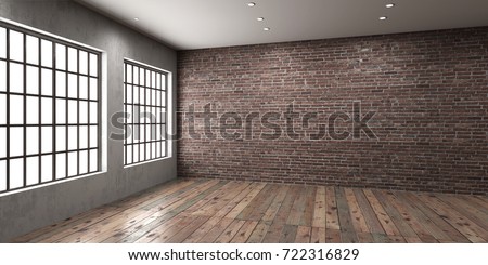 Empty room with big window in loft style.
Wooden floor and brick wall in a modern interior. 3D render.