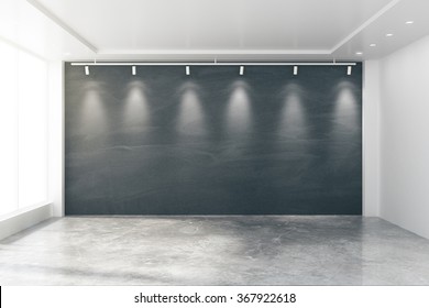Empty room with big windows, blank blackboard, lamps and concrete floor 3D Render