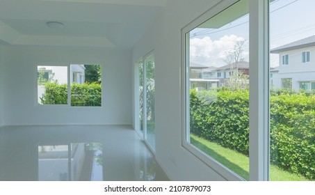 Empty room and glass window frame house interior concrete wall