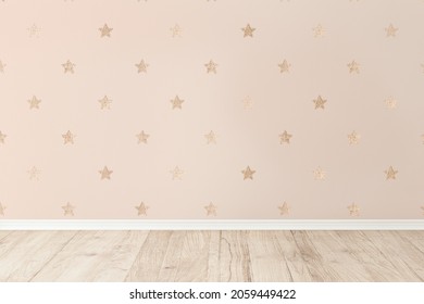 Habitación vacía con estrellas doradas en la pared rosa