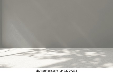 Empty room with grey wall background and white concrete floor. Studio design for product showcase