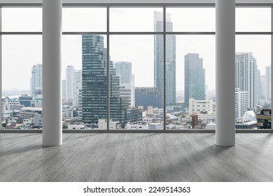 Empty room Interior Skyscrapers View Bangkok. Downtown City Skyline Buildings from High Rise Window. Beautiful Expensive Real Estate overlooking. Day time. 3d rendering. - Powered by Shutterstock