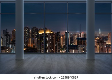 Empty room Interior Skyscrapers View Malaysia. Downtown Kuala Lumpur City Skyline Buildings from High Rise Window. Beautiful Expensive Real Estate overlooking. Night time. 3d rendering. - Powered by Shutterstock