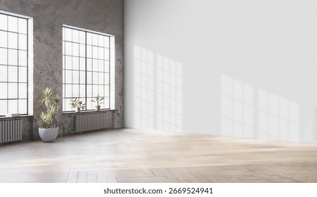 Empty room interior space background mock-up empty, sunlight, and shadows room walls, room with sunlight and wooden blank parquet floor.