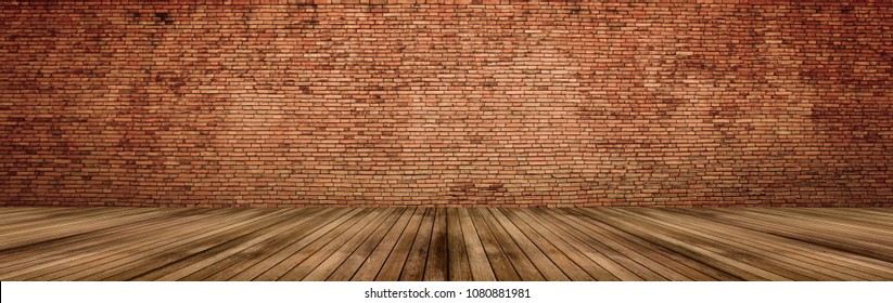 empty room with old red brick wall and wooden floor interiors.