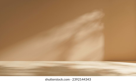 Empty room with parquet floor and sunlight with leafs shadows silhouettes, warm and cozy place summer color background and stage for products placements and design.