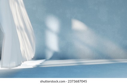 Empty room with shade from window light and white curtains. Minimal interior with concrete wall and floor. Architecture background showroom.