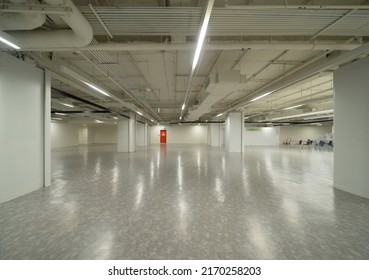 Empty Room In Shopping Mall Hall With Space. Interior Design. New Modern Room Rental Property, Living Space Units. Lifestyle.