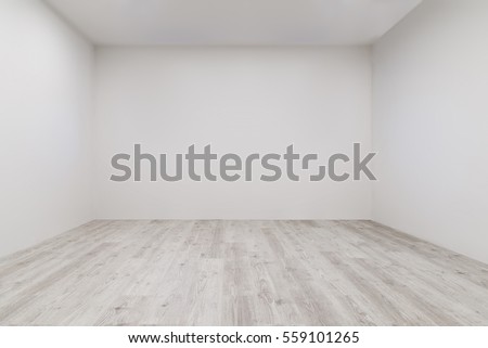 Empty room with whitewashed floating laminate flooring and newly painted white wall in background Сток-фото © 