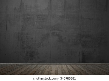 Empty Room With Wooden Floor And Dark Concrete Wall