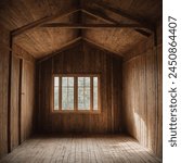 an empty room with wooden floors and wooden motif walls along with windows